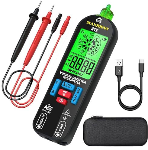 MAXRIENY Multimètre numérique rechargeable NCV avec alarmes sonores et visuelles, mesure automatique, tension AC/DC, résistance, continuité, diode, contrôle capacitance