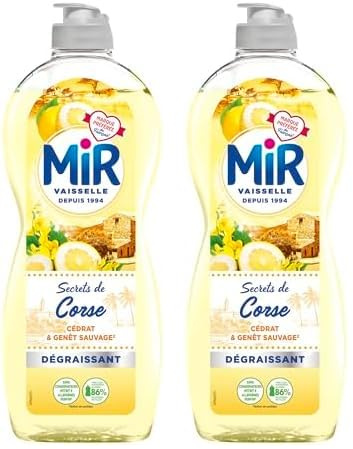 Mir Vaisselle - Secrets de Corse - Cédrat & Genêt Sauvage -Expérience Complète et Unique - Pouvoir Dégraissant - Sans Conservateurs - Sans Allergènes Parfum - Respect de la Peau - Bouteille de 675ml