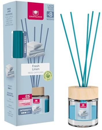 Cristalinas 35ml Fresh Linen Air Fresheners - Reed Diffuser Home Fragrance Lasts upto 8 weeks - Room Diffuser Sticks with Coloured Fragrance Oil