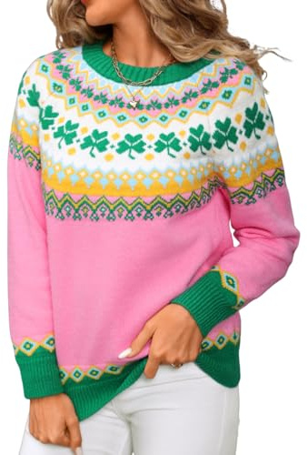 ChiaoLezhee Women's Nordic Fair Isle Norwegian Christmas Sweater Chunky Knit Cozy, Long Sleeve Crew Neck Colorful Pullover Xmas Holiday Thanksgiving Outfits Fall Winter Vintage Tops,Pink Green,XL