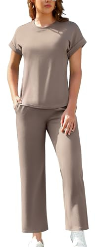 SHEKINI Survêtement pour femme, à manches courtes, col rond, couleur unie, 2 pièces, tenue décontractée, avec poches