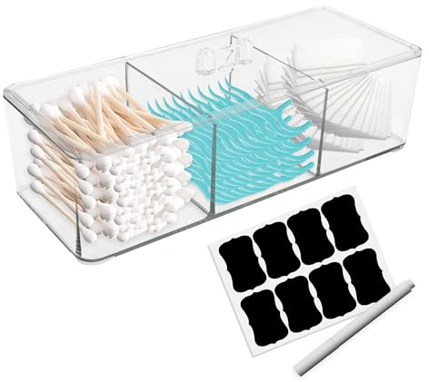 Square Q Tip And Cotton Pad Holder, 3 Compartments Organizer for Bathroom | Plastic Cotton Ball Dispenser, Bathroom Storage Containers with Hinged Lids, Clear Boxes for Cotton Swabs, Make Up Pads