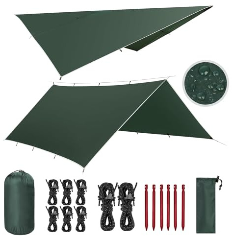 Lona impermeable de 3 x 3 m, ultraligera, para camping, protección contra rayos UV, sol, lluvia, nieve, con ojal + pasadores de aluminio + cuerdas de nailon, lona para camping, picnic, senderismo