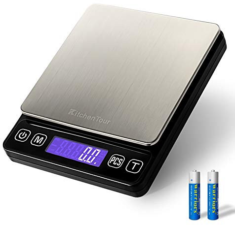 KitchenTour Digitale Küchenwaage - 3000g/0,1g Hohe Genauigkeit Präzisions-Multifunktions-Lebensmittelwaage mit hintergrundbeleuchtetem LCD-Display (Batterien inklusive)