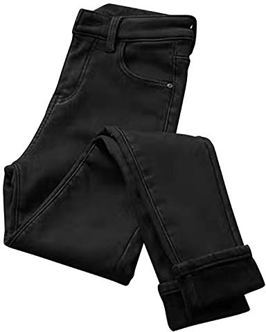 Runstarshow Varm fleecefodrade jeggings för dam, smala strenchy denimbyxor med fickor, Svart, M
