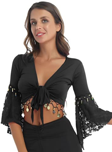 Runhomal Damen Bauchtanz Kostüm Bauchfrei Oberteil Crop Top mit Pailletten Quasten Tanz Kostüm Party Outfits Schwarz L