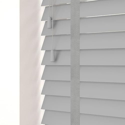 funky gadgets smooth Faux Wood wooden Venetian Blinds ONE With STRINGS and THE OTHER with TAPE 50mm Slats TRIMMABLE (Grey With Tape, 45cm width x 150cm drop)