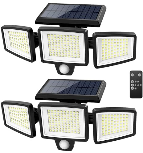 Tuffenough Solar Outdoor Lights 2500LM 210 LED Security Lights with Remote Control,3 Heads Motion Sensor Lights, IP65 Waterproof,270° Wide Angle Flood Wall Lights with 3 Modes(2 Packs)