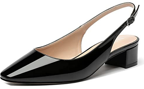 MERRORI Damen Patent Buckle Block Solid Slingback Square Toe Chunky Low Heel Pumps Schuhe 1,5 Zoll, schwarz, 40 EU