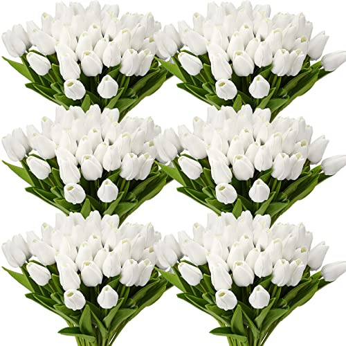 Janinka 100pcs Artificial Tulip Flowers Fake PU Tulips Faux Latex Bouquet Flower Centerpieces Arrangement Floral for Mother Day Wedding Spring Decorations (White)