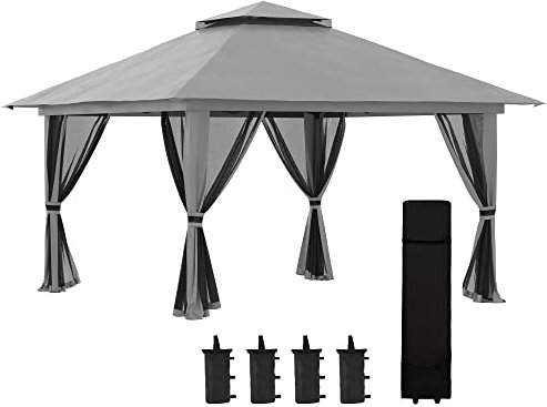 Outsunny Tonnelle de Jardin extérieur Barnum de Jardin Pop-up Tente Pliant 4 x 4 m Double Toit Protection UV 50+ 4 moustiquaires, 4 Sacs de Sable, 1 Sac de Transport Tissu Oxford métal Gris