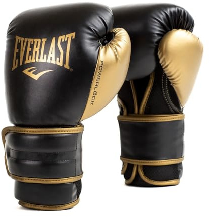 Guantes de Boxeo Everlast Powerlock 2R 12oz, Negro/Dorado, para Saco y Sparring, Soporte de Muñeca Avanzado, Espuma Cuádruple, Agarre Ergonómico - Equipo Auténtico