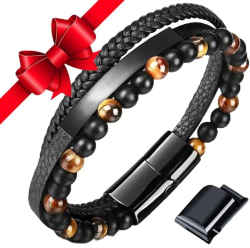 Jbniuay Cadeau Homme - bracelet homme，bracelet cuir Monsieur Perles，Bracelet Triple en Cuir avec des Perles en Pierre Naturelle， Cadeau pour Garçon/hommes/Papa