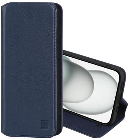 32nd Classic Series 2.0 - Real Leather Book Wallet Flip Case Cover For Apple iPhone 15 (6.1), With RFID Blocking Card Slot, Magnetic Closure and Built In Stand - Navy Blue