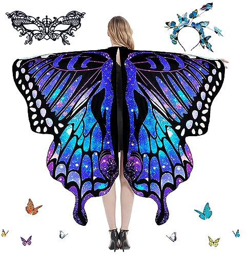 Schmetterling Umhang Damen,Damen Schmetterling Kostüm Umhang mit Schmetterling Haarreif,Schmetterlingsflügel,Damen Spitze Maske Bunter Schmetterling Umhang,für Halloween Fasching Party Cosplay