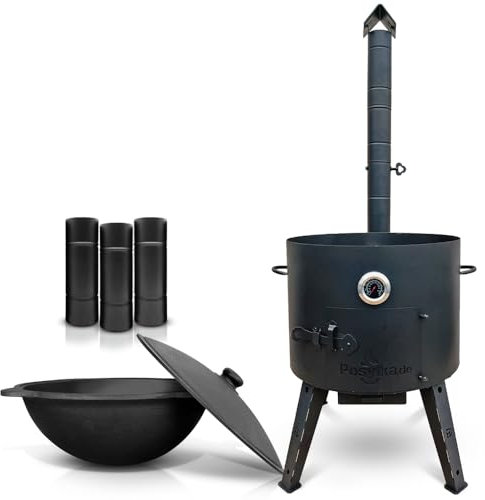 Utschak - Hornillo de fuego con tubo de extensión, termómetro, olla de hierro fundido, base redonda con tapa (22 L), KazanoFF, Учаг, kazan exterior, brasero, camping, kazan, cañón de goulash holandés