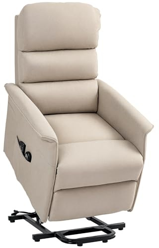 HOMCOM Poltrona sollevatore elettrica con funzione massaggio e riscaldamento, poltrona relax reclinabile con poggiapiedi e 2 telecomandi, sacchetto, tessuto di lino, beige melange