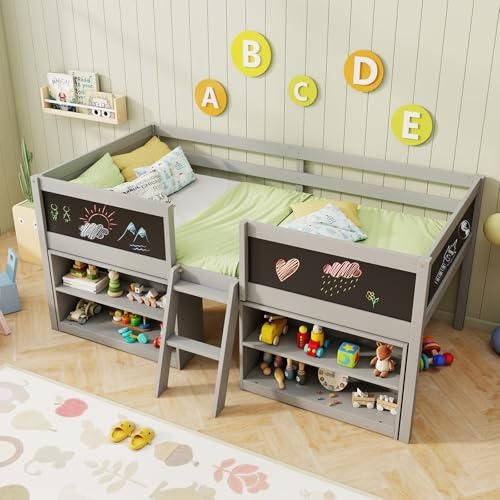 KOMFOTT Twin Size Low Loft Bed, Kids Loft Bed Frame with Movable Storage Shelves, Chalkboard & Ladder, Solid Wood Twin Bed with Under-Bed Play Area for Kids, Boys & Girls, No Box Spring Needed, Grey
