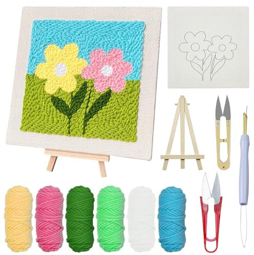 Woohome Punch Needle Kit, Kit de Arranque Punch Needle para Adultos Iniciantes con Tela de Aguja de Punzón, Aro, Hilos, Aguja de Punzón para Principiantes (Crisantemos)