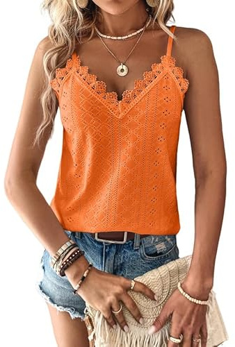 Haibang Debardeur Femme Chic et Élégant Été Top Caraco Dentelle sans Manche Bretelles Spaghetti Haut Sexy Lâche Chemise Oeillet Broderie Camisole Mode Casual Tank Tops