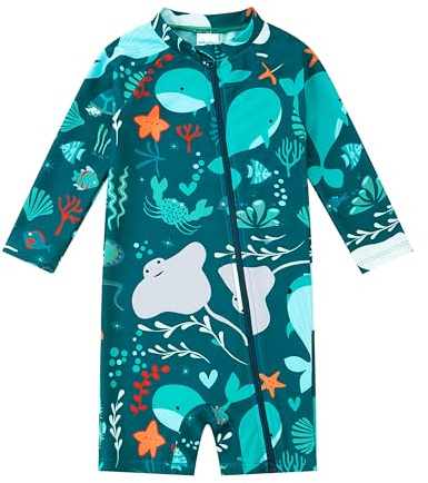 upandfast Bañadores de Una Pieza para Niño Bebé con Diseño de Ballena - Traje de Baño con Manga Larga Protección UV UPF 50+ y Cierre Cremallera Frontal 12-18M