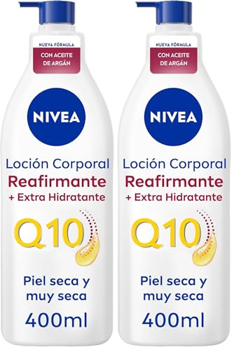 NIVEA Q10 Aceite de Argán Body Milk Reafirmante + Extra Hidratante (400 ml), loción corporal reafirmante para piel seca, crema hidratante corporal nutritiva (Paquete de 2)