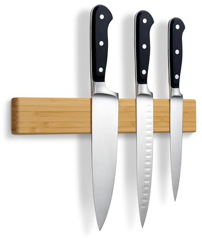 LARHN Porte Couteaux Aimanté Mural, Barre Magnétique sans Perçage en Bambou, 30 cm