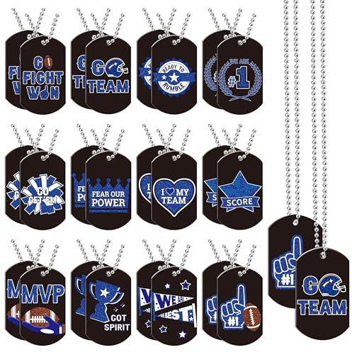 Haooryx Football Dog Tag Necklaces - 24Pcs Blue and Black Football Match MVP Trophy Necklace for Kid American Football Game Party Favor School Team Motivational Student Reward Birthday Gift Bag Filler