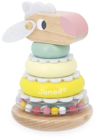 Janod – Stapelbarer Schaf-Stehaufmännchen – 2-in-1-Lernspielzeug aus Holz – 9 Teile zum Stapeln – Lernspielzeug zur Förderung der Feinmotorik – FSC-Zertifiziert – Wasserfarbe – Ab 12 Monaten
