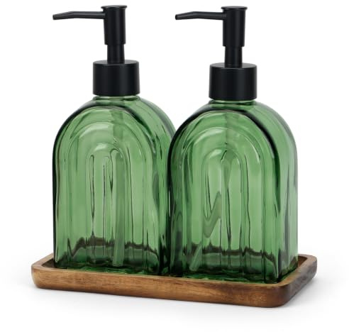 2-pack båge glas tvåldispenser 400 ml med träbricka | Rostfri plastpump, armégrön bågglas, för lotioner, eteriska oljor och flytande tvålar, bra för kök och badrum