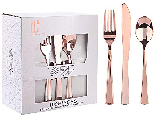 WDF160 Piece Rose Gold Disposable Cutlery Set - Heavyweight Plastic Silverware - Includes 80 Forks, 40 Spoons, 40 Knives - Rose Gold Silverware Perfect for Wedding Party Birthday
