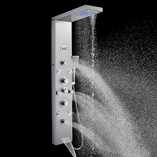 POPFLY LED Rainfall Waterfall Shower Panel Tower System, 4 Body Jets and 4 Mist Spray, 3-Function Handheld Shower, 304 Stainless Steel Shower Tower with Temp Display, Brushed