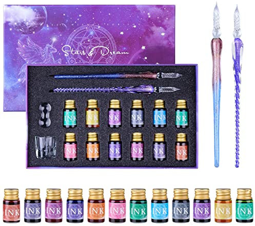 Federhalter aus Glas,Handmade Kristall Schreibstift mit 12 bunten Tinten für Kunst, Unterschriften, Kalligraphie, Zeichnung,Dekoration, Geschenk für Anfänger und Künstler