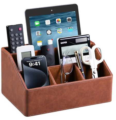 MEIBOOCH PU Leather Desk Organizer, Remote Control Holder (Brown)