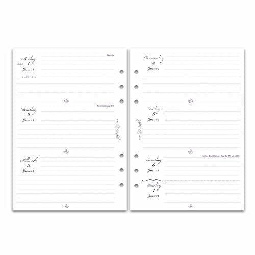 SinnWunder® Premium Kalendereinlagen 2026 - Wochen-Kalender - 1 Woche 2 Seiten - Größe Din A5 - Filofax-Lochung