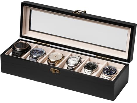 Exper City Watch Box, Watch Case for Men Women with Large Glass Lid, Wooden Watch Display Storage Box with 6 - Slots, Charcoal Black Mens Watch Box Organizer