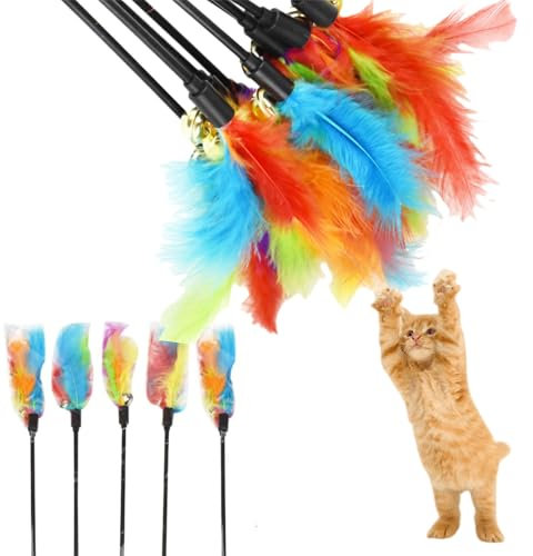 BAOSROY Katzenspielzeug Spielzeug mit Federn,Federstab,Katzenspielzeug Feder,Katzenangel Ersatzfedern mit Anhänger Feder Glocke,Interaktives Federn Katzen Spielzeug für Kätzchen,5PCS