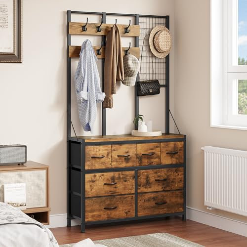 YITAHOME Garderobenständer, freistehender Flurbaum mit 8 Schubladen, industrielle Kleiderstange mit 8 Haken für Flur, Eingangsbereich, Schlafzimmer, Wohnzimmer, rustikales Braun