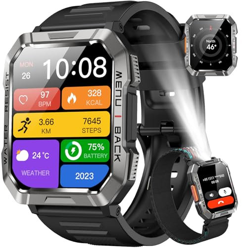 Blackview Military Smart Watch for Men - Answer/Make Calls, 2.01 Outdoor Sports Fitness Tracker with 900mAh Battery/Flashlight/Compass/Heart Rate/SpO2/Sleep, 120+ Sports Smartwatch for Android iOS