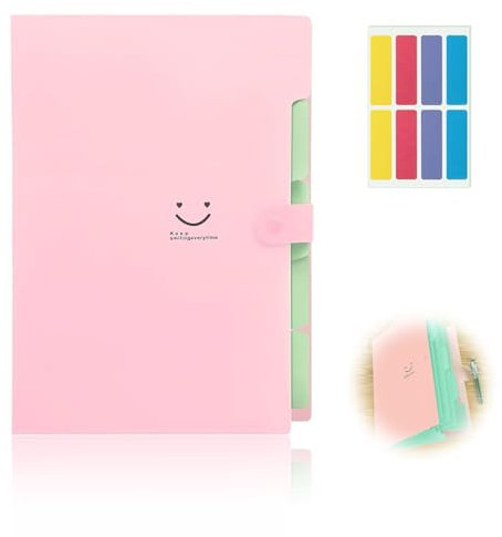 1 Stück Dokumentenmappe A4, Fächermappe A4 Mit Etiketten, Tragbar Ordnungsmappe Mappen Ordnersystem, Document Organizer mit Druckknopf Für Zuhause, Büro, Schul (Rosa)