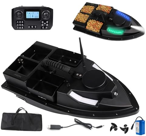 factildfulzhan Nuevo Barco cebador GPS de 7,4 V, 4 tolvas de alimentación, Retorno automático, Distancia de Control Remoto de 500 m, Luces de Pesca Nocturna de 7 Colores, Barco teledirigido,25000mAh