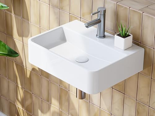 HOROW Lavabo WC pour invités avec trou pour robinetterie sans trop-plein, petit vasque, en céramique, blanc, rectangulaire, 38 x 26 cm, pour petits invités