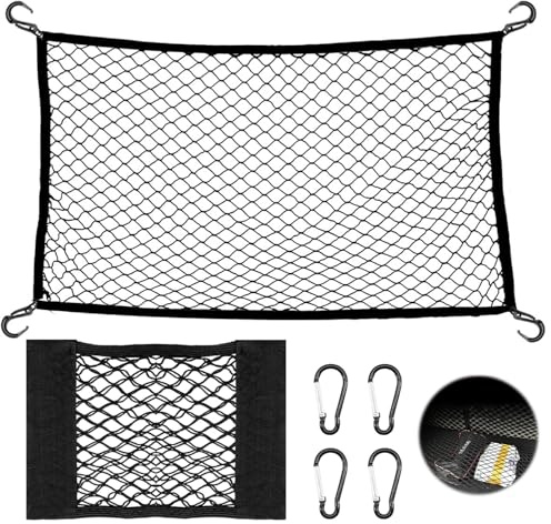 Scettar Filet de Rangement Coffre de Voiture 60×40cm Extensible Jusqu'à À 120×80cm, 30x25cm Filet Rangement,Filet Coffre Voiture Extensible pour Coffre Voiture avec 4 Crochets