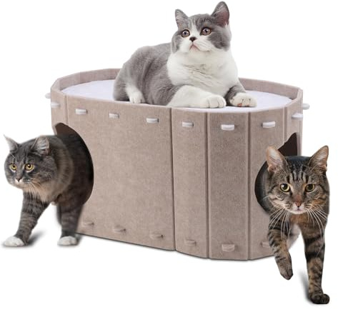 Cuccia per gatti in feltro con spazio extra, resistente all'inverno e posto per dormire per gatti, robusta casetta per gatti per interni con facile montaggio, 58 x 33 x 30 cm, portata 8 kg (cachi, 58