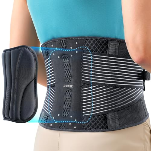 Rakiie Slim Back Brace, 6X Metal Lower Back Support for Men & Women, Lightweight Lumbar Support with 3D Pad, Breathable Support Belt for Herniated Disc, Sciatica Pain Relief, Gray XXL