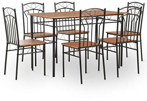 Teenpull 7-delad matgrupp för kök och matsal, MDF-bord med stålram, 6 bruna, modern design för 6 personer
