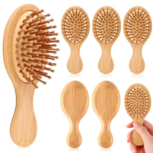 FoldTier 6 Pack Mini Bamboo Hair Brush Bulk Pocket Travel Small Hairbrush Massage Scalp Detangling Brush for Valentine Gifts Bulk Bridesmaid Party Favors (Oval)