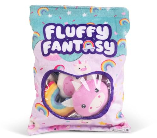 Keycraft Fluffy Fantasy Squishy – Arcoíris y Unicornios Snacks de Peluche | Juguete de Peluche Sensorial Cojín | Bolsa Suave con Snacks de Peluche | Regalo Creativo para Niños, Niñas y Adolescentes