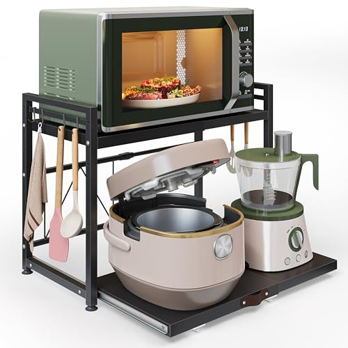NETEL Erweiterbares mikrowellen Regal mit schublade,2 Stufig küchenregal arbeitsplatte,mikrowellenregal stehend,küchen Organizer mit 8 Haken,Schwarz