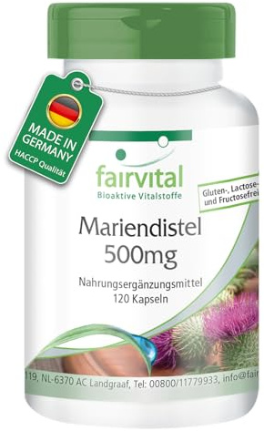 fairvital Mariendistel 500mg, 120 kapslar, lättsvälta, Silybum marianum, kvalitetskontrollerade och högdoserade, 100% veganska, tillverkade i Tyskland